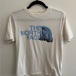 The North Face White Short-Sleeve Tee with Blue Logo Graphic
